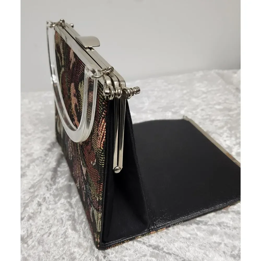Vintage Multicolor Floral Tapestry Purse Lucite Handle Convertible Bag